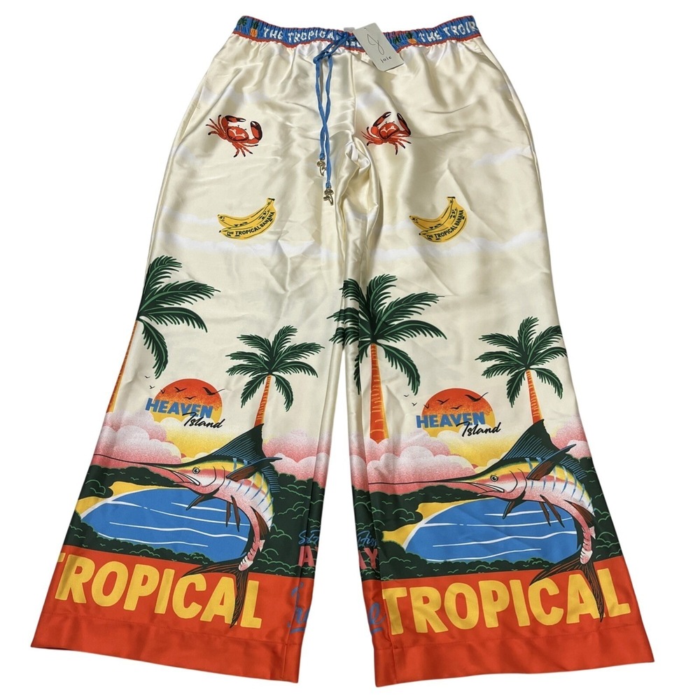 Joie Tropical Pants Satin Bold Beach Palm Tree Print Size XL Vacation Resort